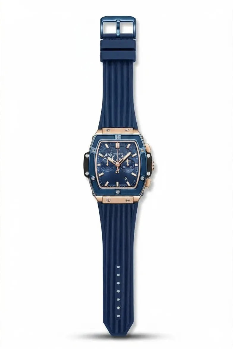Square dial blue sports wrist watch with rose gold accents.
