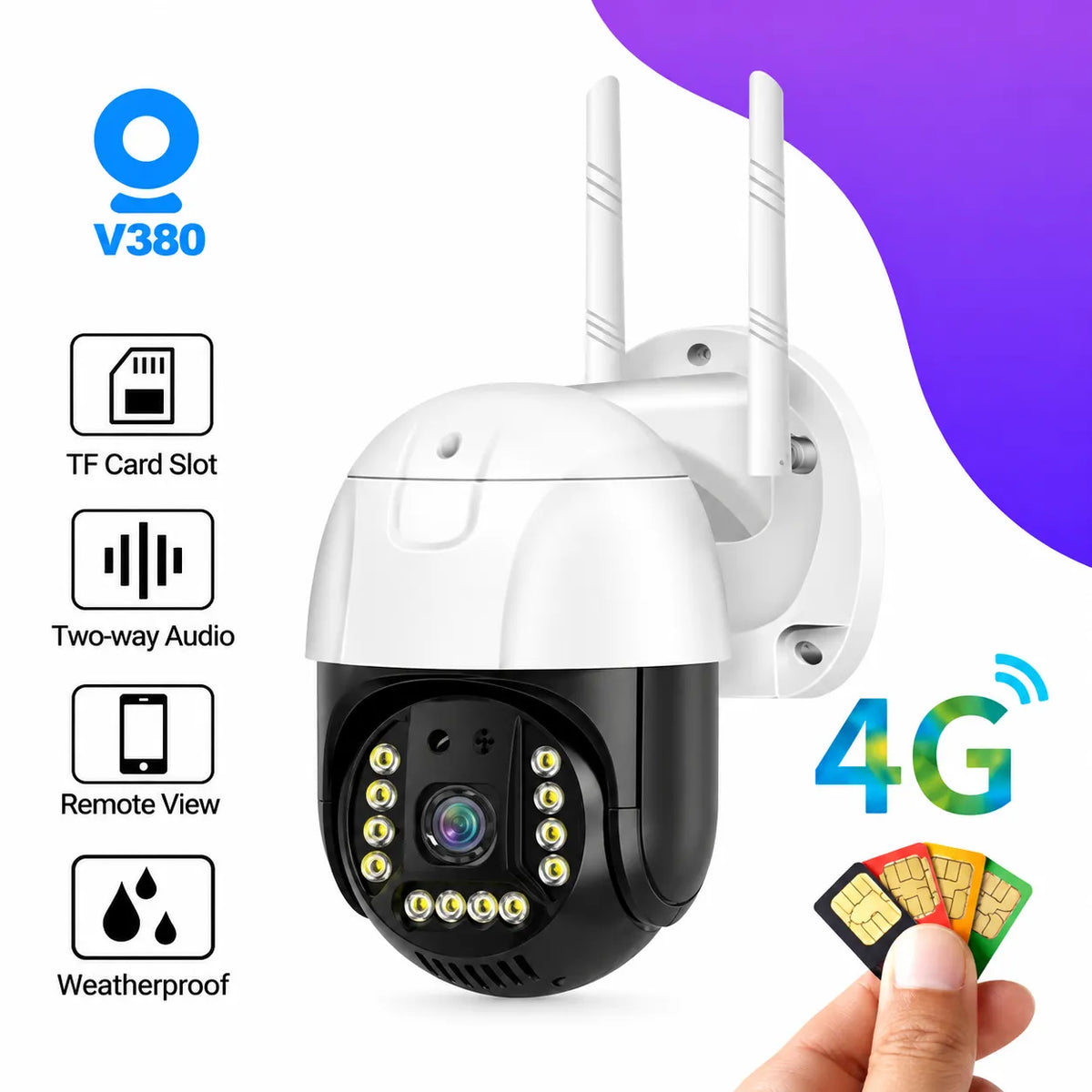 White and black wireless security camera with two antennas, shown with feature icons for TF card slot, two-way audio, remote view, weatherproof, 4G, and V380. A hand holding SIM cards is visible in the lower right corner.