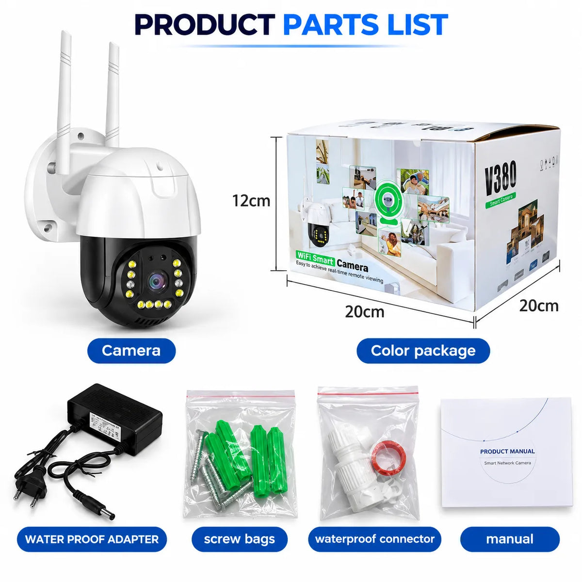 V380 smart security camera product package with power adapter and manual