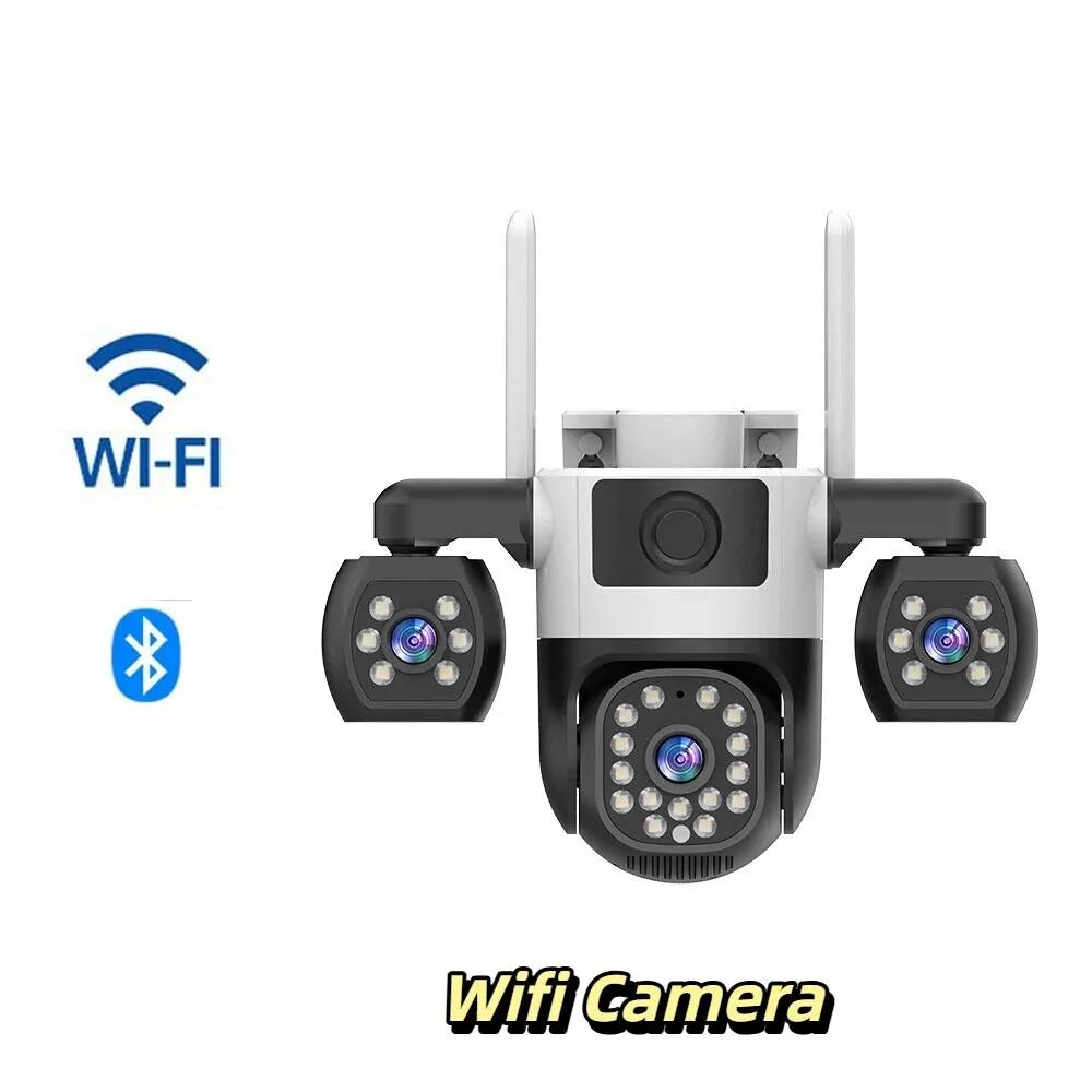 Smart outdoor CCTV camera featuring three lenses and full-color night vision.
