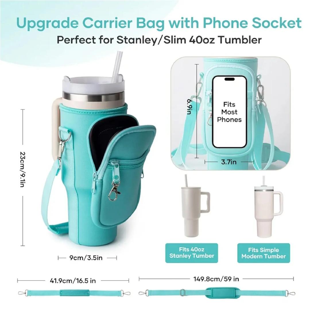 40oz Tumbler Carrier Bag with Phone Pocket – Adjustable Shoulder Strap Water Bottle Holder
