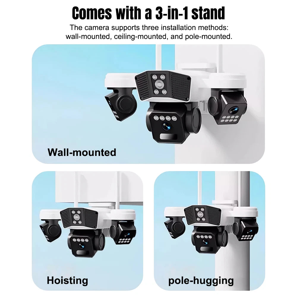 Wireless 360-degree PTZ CCTV camera with triple lens and motion detection.
