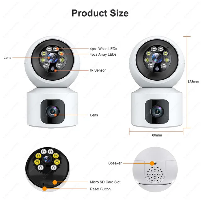 Wireless dual-lens surveillance camera for home and business security.
