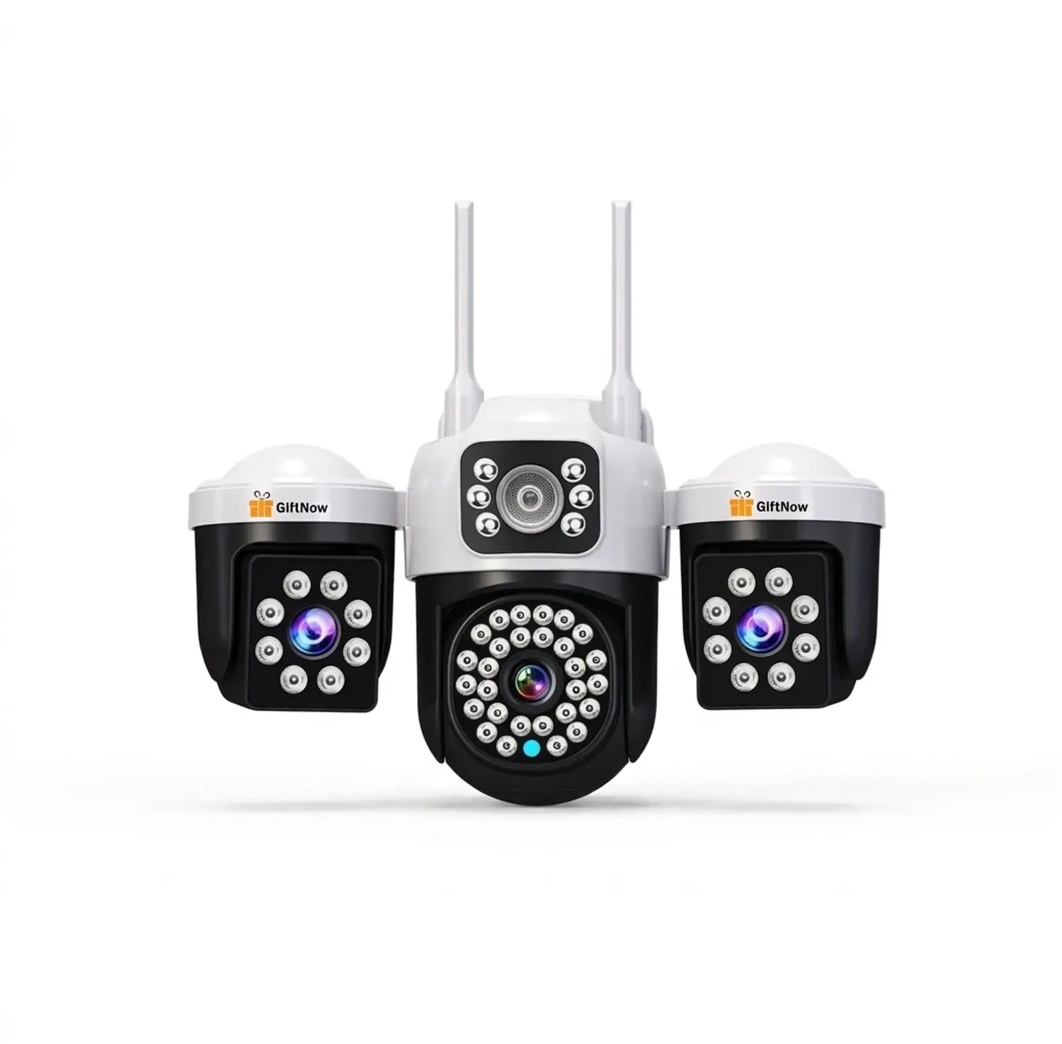 Wireless outdoor H20 triple-lens security camera with HD night vision and two-way audio.
