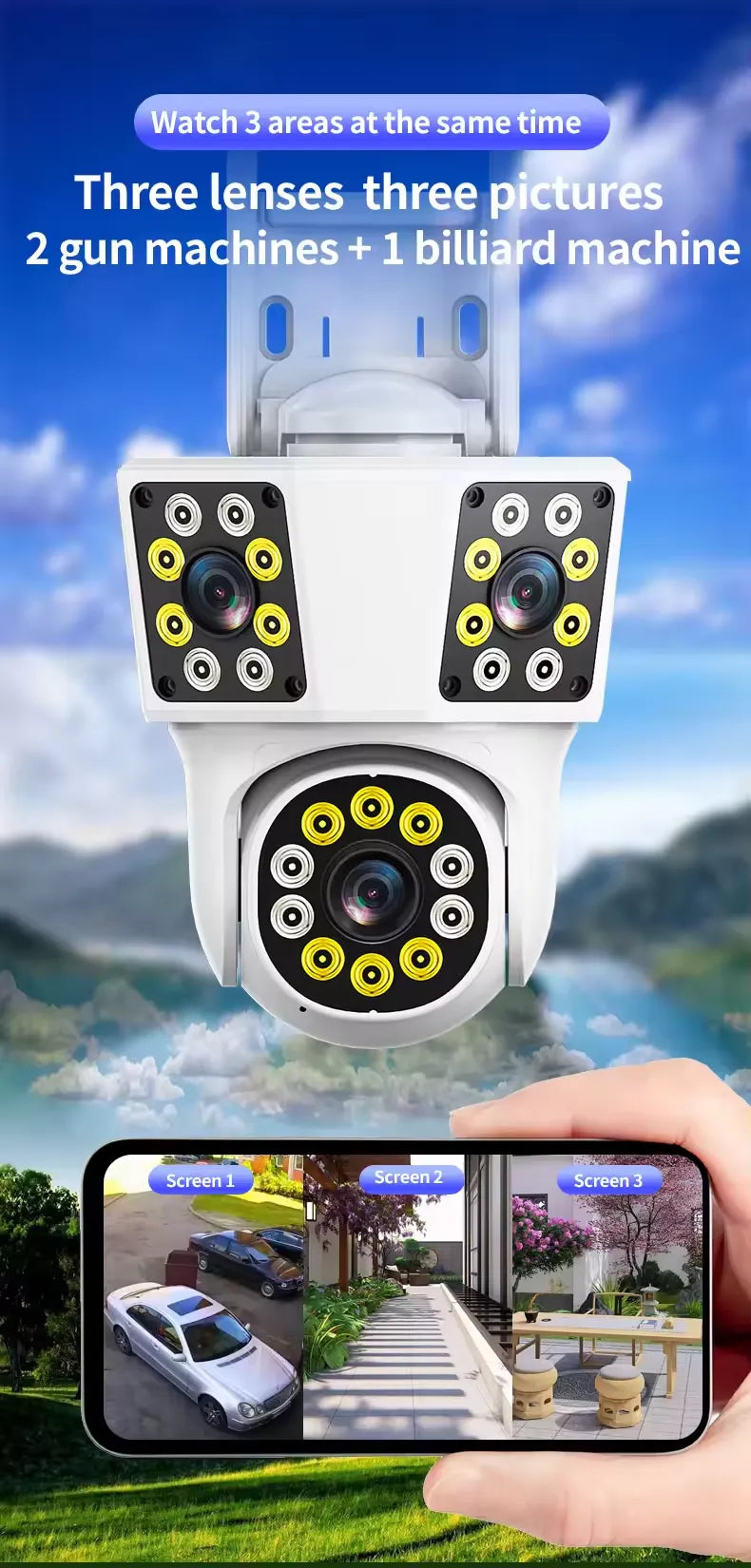 Wireless outdoor surveillance camera compatible with the IPC360Home mobile app.