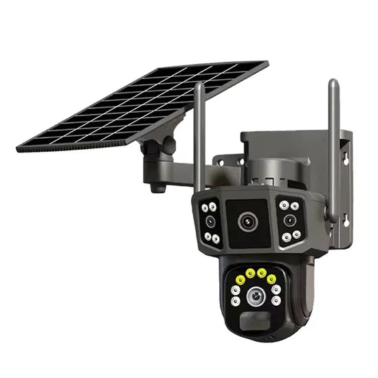 Wireless solar CCTV camera for home and office security with HD triple-lens design.