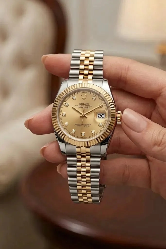 Elegant silver and gold wrist watch featuring a champagne face.
