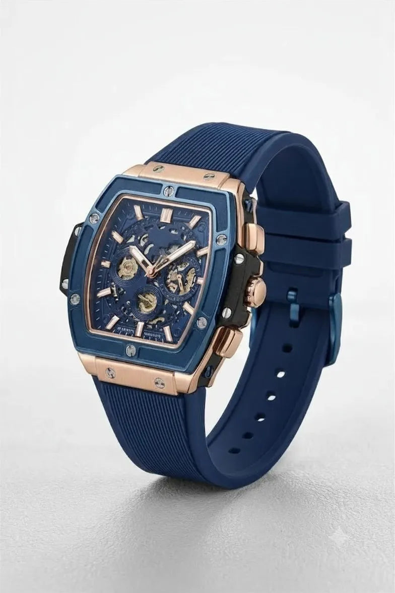 Stylish men's analog watch featuring a durable blue rubber strap.