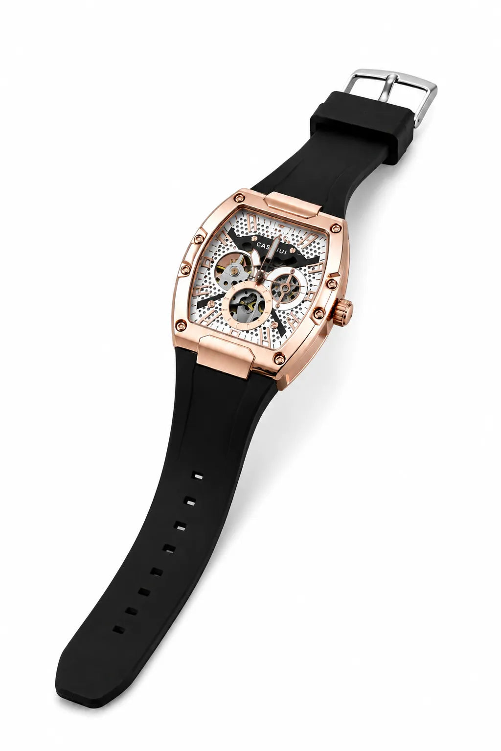 Stylish mechanical skeleton watch for men with a modern rose gold finish.
Elegant luxury wristwatch with visible gears and black silicone band.