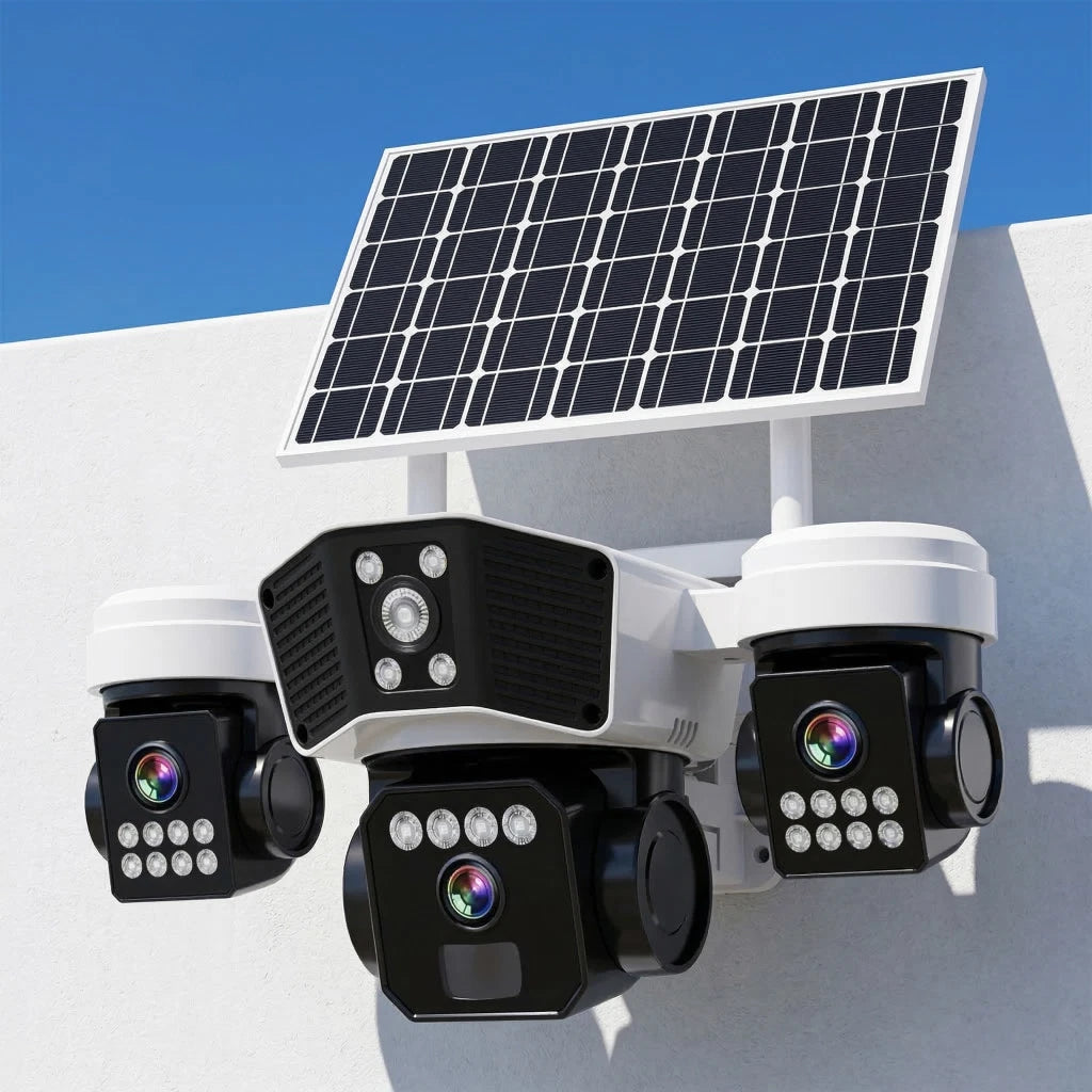 Solar-powered triple lens PTZ WiFi security camera with HD surveillance.


