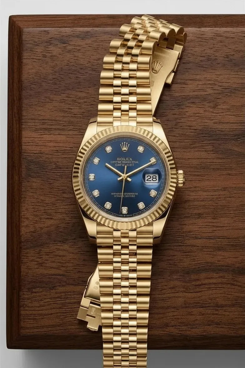 Elegant stainless steel gold watch featuring a blue face and date display.
