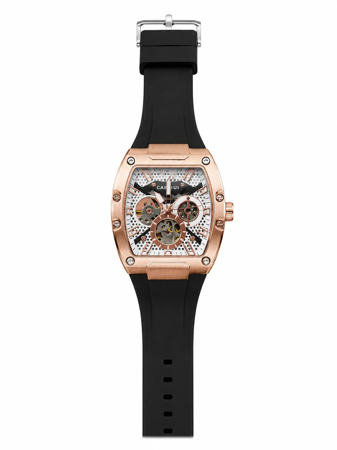 Premium automatic wristwatch with open-work dial and comfortable black rubber strap.
