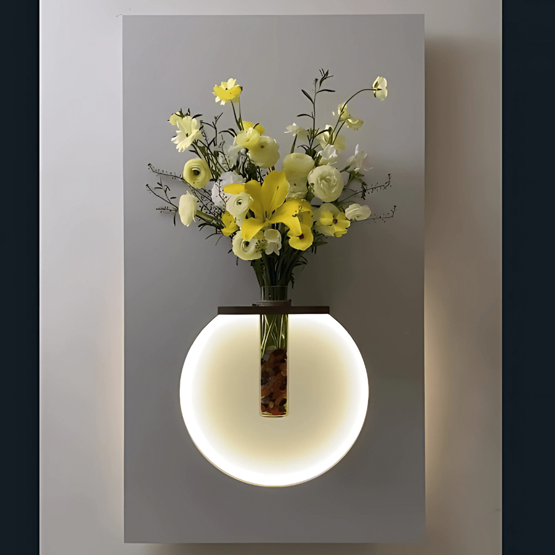 Elegant Round LED Wall Panel with Floral Glass Vase – Modern Nature - Inspired Wall Light(24x18 Inches) - AlifdukanMini Supplier types here :)
