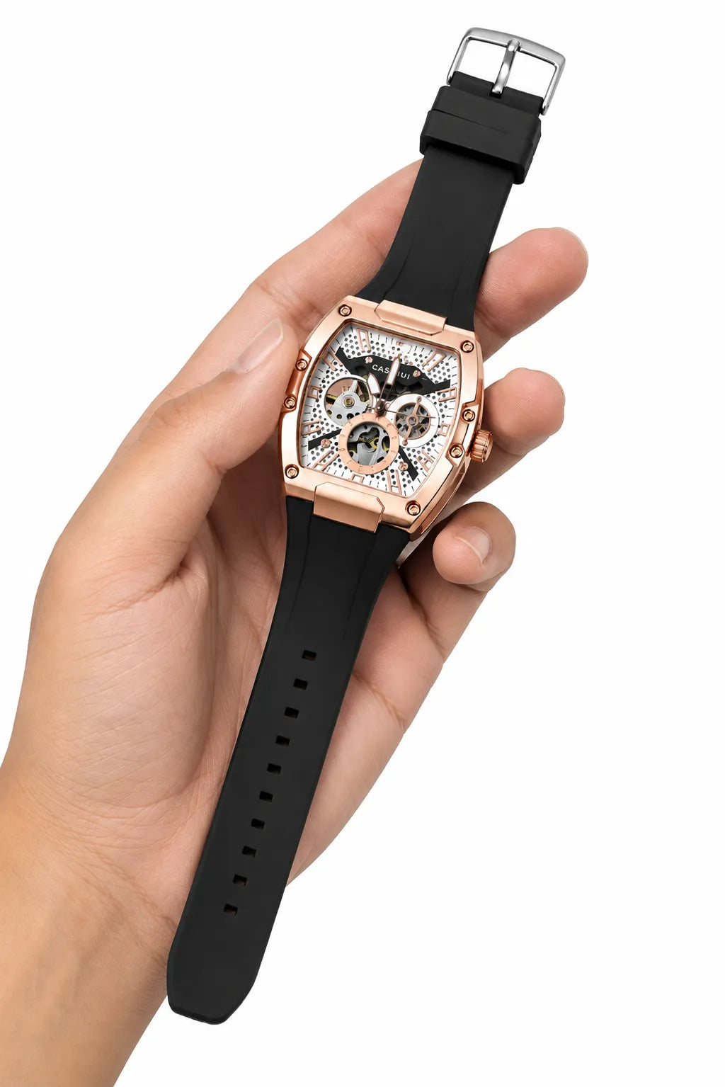 Men's rose gold tonneau skeleton watch featuring an exposed mechanical movement.
