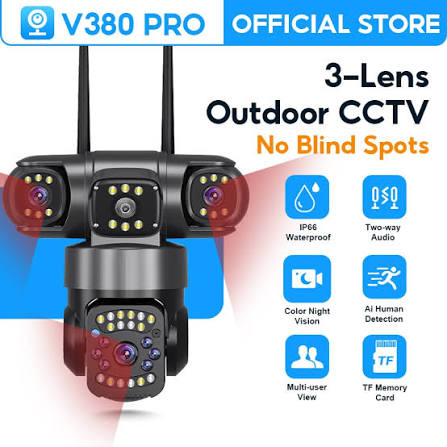 6MP Triple Lens V380 Pro WiFi PTZ Security Camera – 355° Pan, 270° Tilt, Full Color Night Vision, AI Human Detection, Outdoor IP CCTV Camera