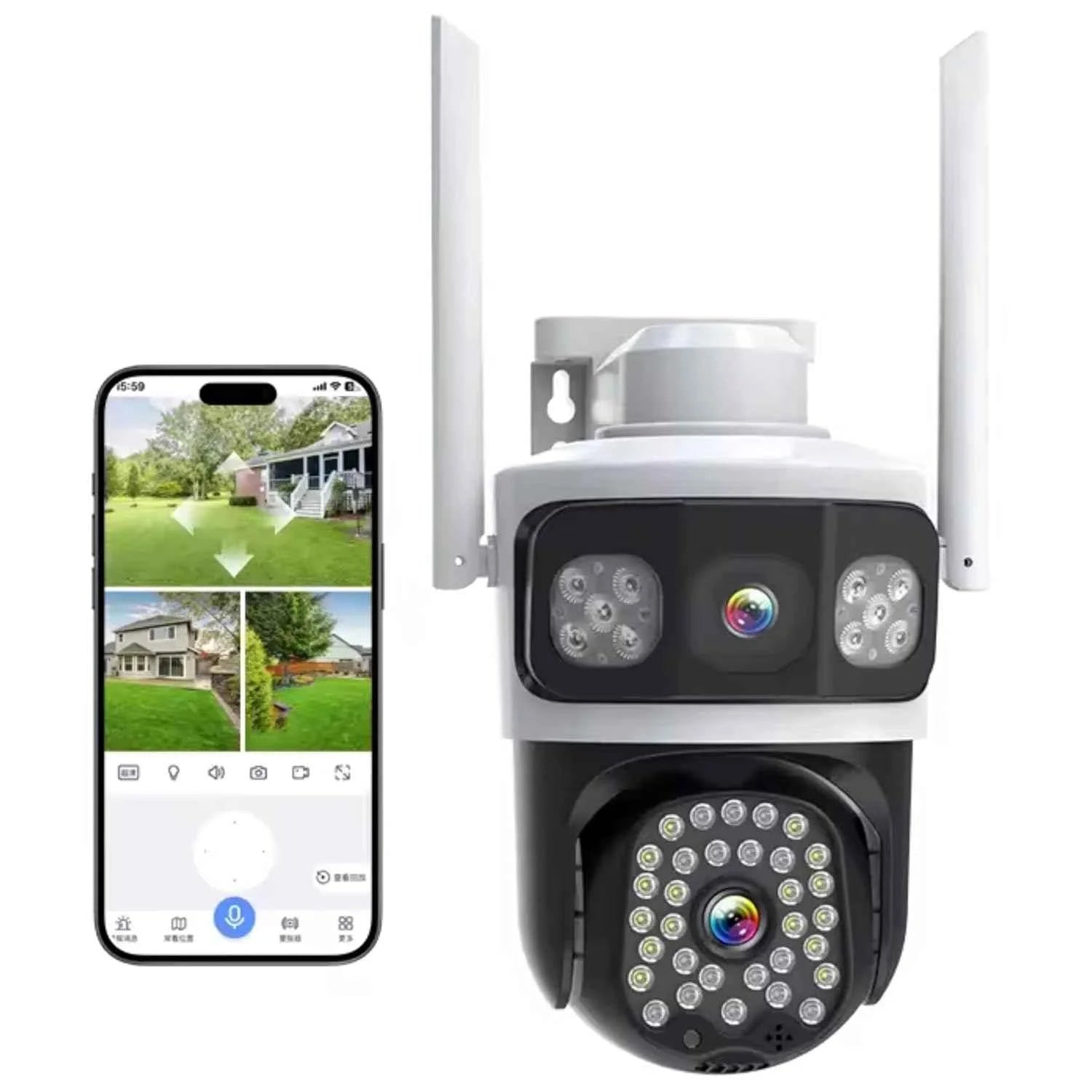 IP66 waterproof dual-lens WiFi PTZ security camera installed outside a home.