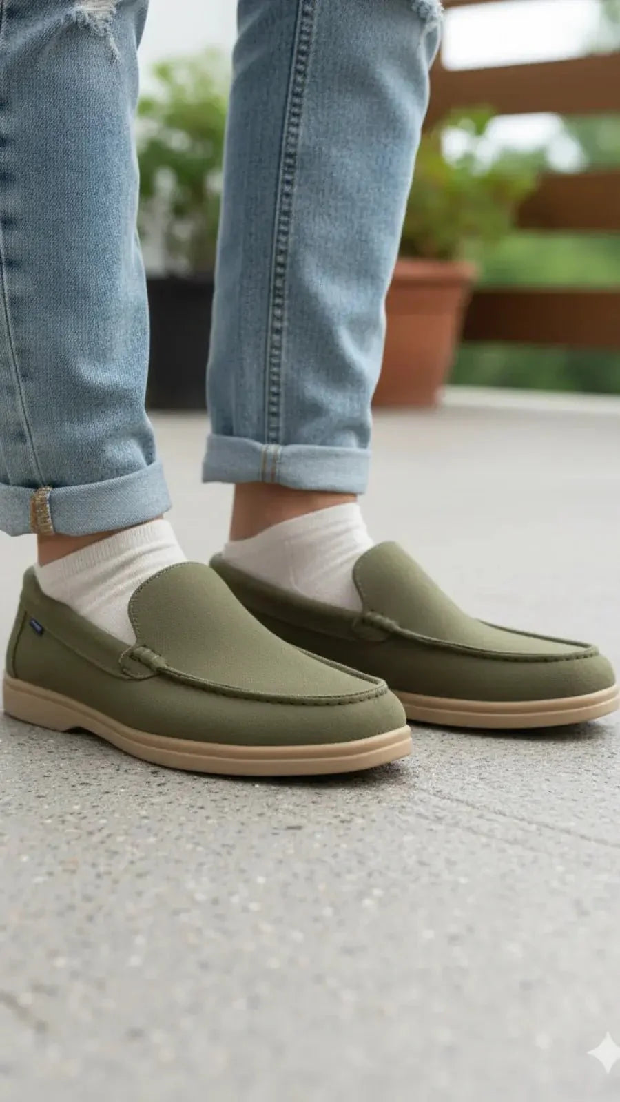 Premium suede leather loafers in olive green with cushioned sole.
