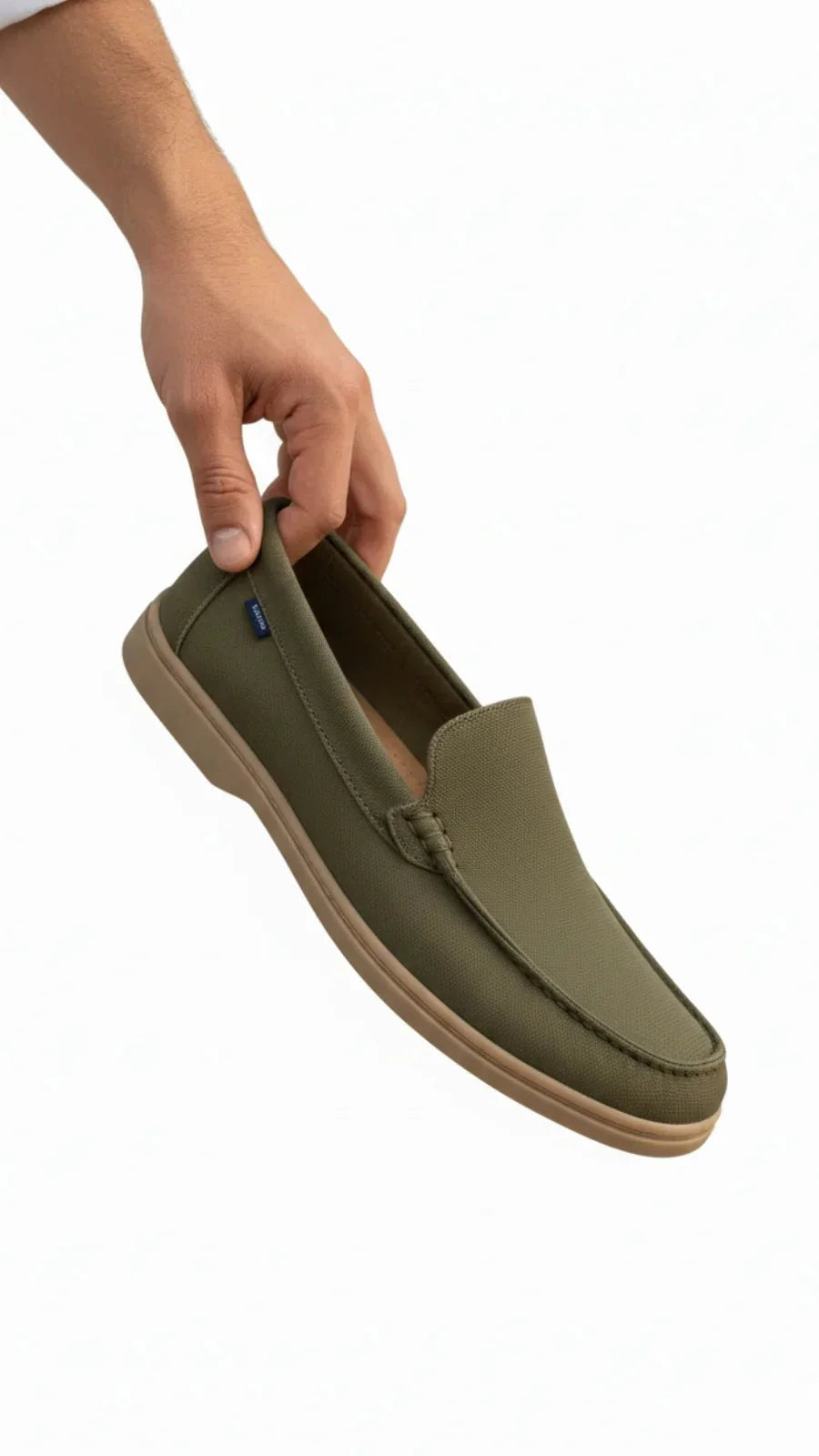 Comfortable olive green suede loafers for casual everyday wear.
