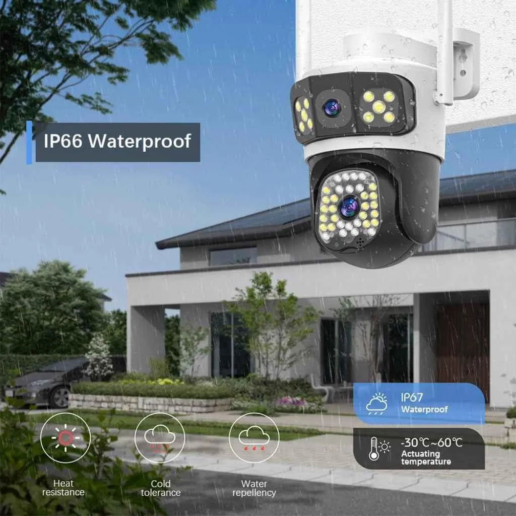 Weatherproof WiFi security camera with dual lenses and PTZ surveillance.