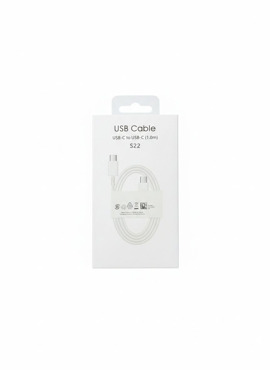 Samsung Galaxy S22 USB-C to USB-C 1-meter fast charging cable in original-style white retail packaging with support for Super Fast Charging and high-speed data transfer