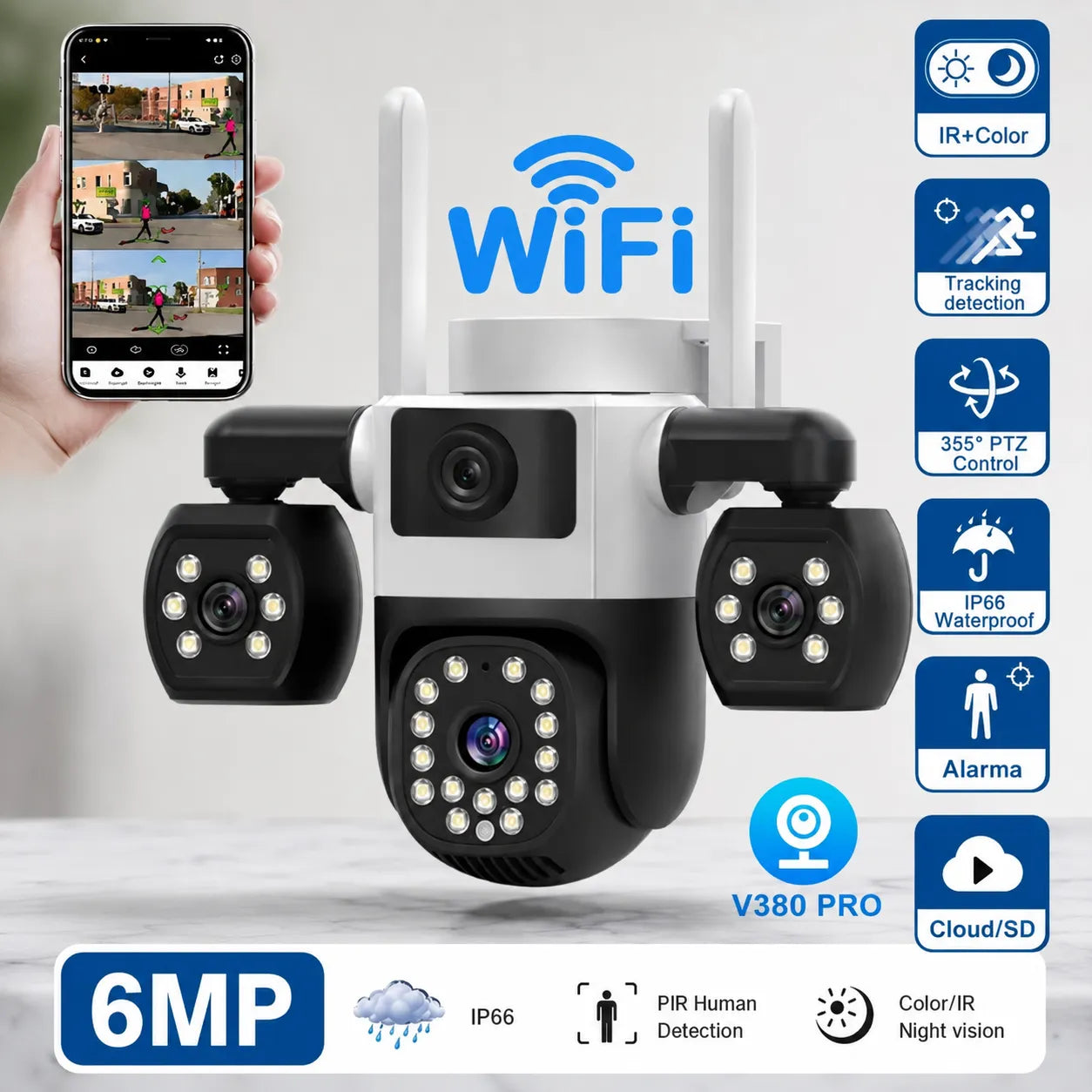 6MP V380 PRO WiFi PTZ Security Camera with Triple Lens and Full Color Night Vision