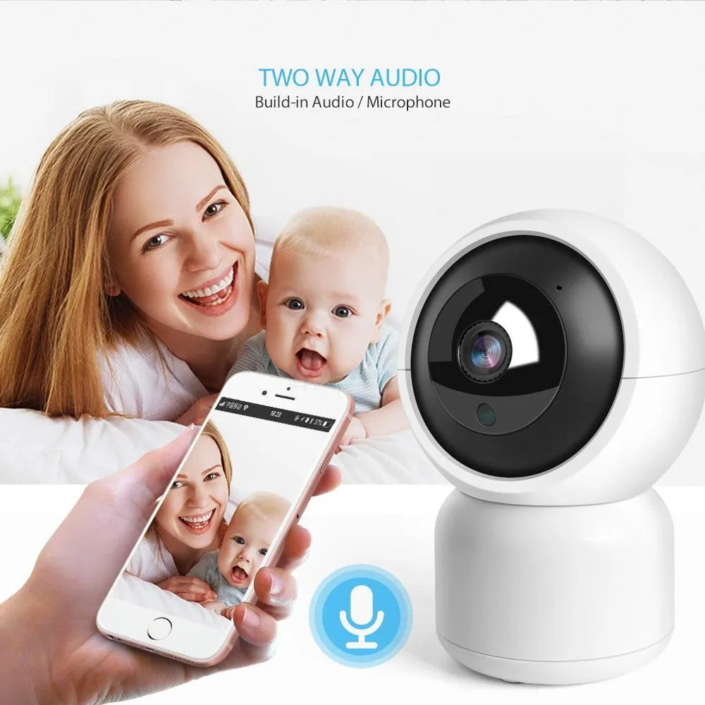 White Tuya HD security camera featuring night vision and two-way audio.
