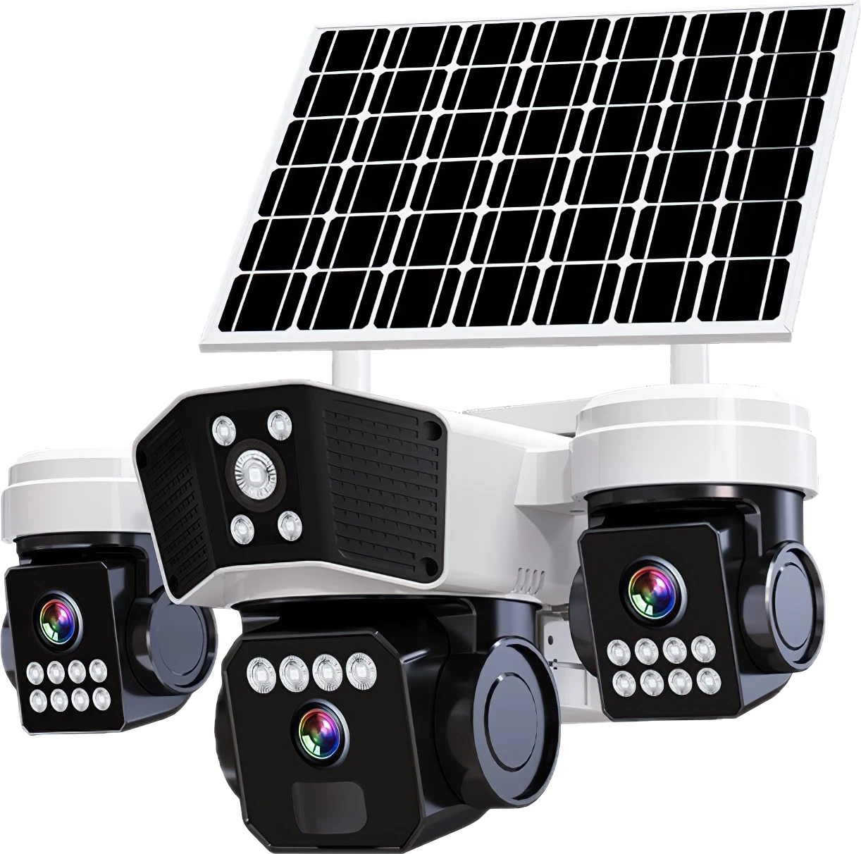 Solar-powered triple lens PTZ WiFi security camera with HD surveillance.
