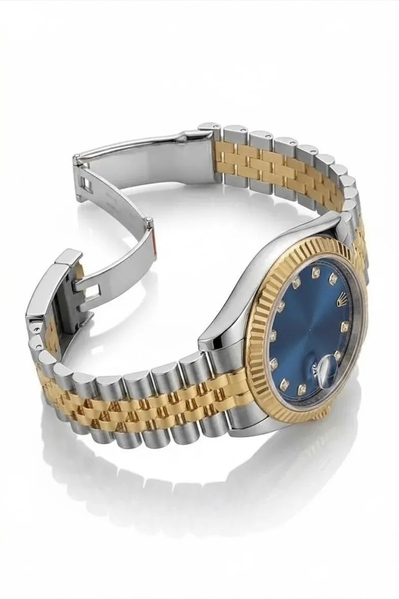 Luxury two-tone stainless steel men's watch with blue dial and date display.
