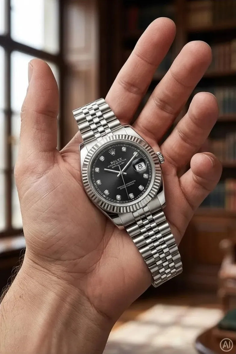 Luxury silver stainless steel men's watch with black dial and date display.
