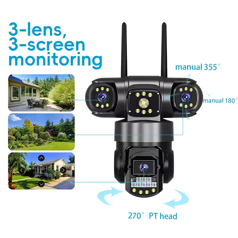 6MP Triple Lens V380 Pro WiFi PTZ Security Camera – 355° Pan, 270° Tilt, Full Color Night Vision, AI Human Detection, Outdoor IP CCTV Camera